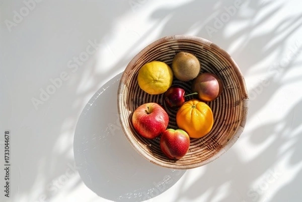 Fototapeta Handwoven basket with organic fruits, flat lay on clean white surface, minimal mockup style, indigenous craft concept.