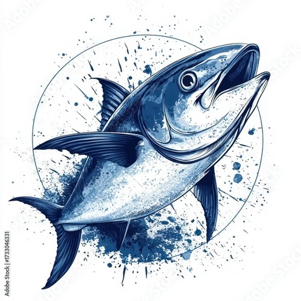Obraz Blue fish illustration showcasing fine details and vibrant colors on a white background, suitable for marine artwork enthusiasts