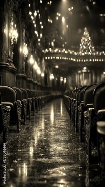 Obraz Elegant theater interior showcases empty velvet seats with beautiful lighting and festive decorations during evening hours