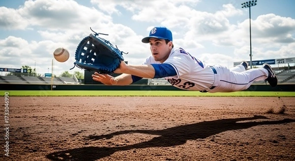 Fototapeta Baseball player diving for a catch He ' s stretched out in the air with a baseball flying towards his outstretched glove on the baseball field