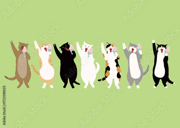 Obraz ソフトクリームを舐める7匹の猫