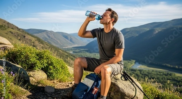 Fototapeta Hiker taking a water break A man drinks from a water bottle while resting on a mountaintop with a scenic valley view behind him