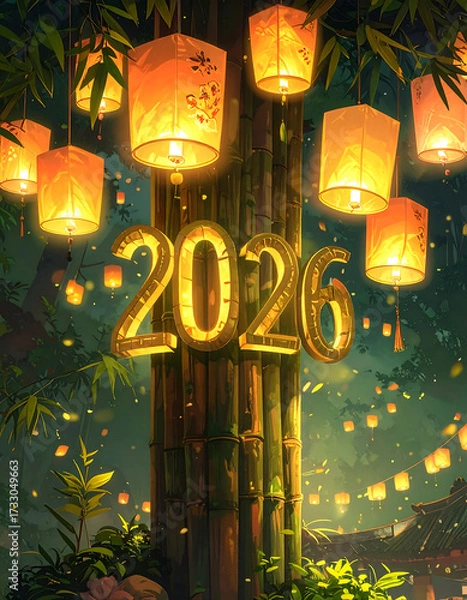 Fototapeta Happy New Year 2026 Celebration with Lanterns and Bamboo.