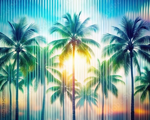 Fototapeta Bright Minimalistic Backdrop With Reeded Glass and Blurred Palm Trees Creating a Kaleidoscopic Effect