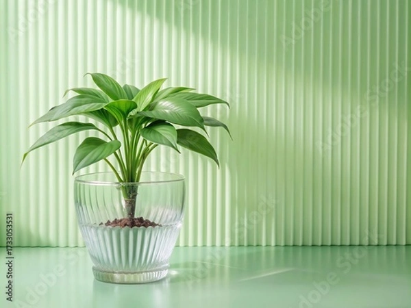 Fototapeta Green palm with reeded glass. Minimalist vanity background with frosted texture for spa aesthetic. White Reeded Glass. Beautiful summer decor with luxury concept. Plant leaves. Ribbed Background.