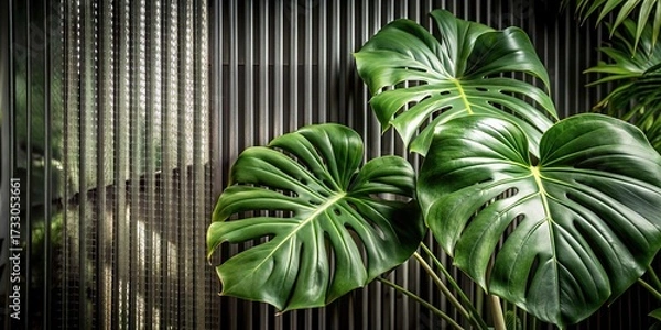 Fototapeta Green palm with reeded glass. Ribbed Background. White Reeded Glass. Minimal magazine concept on wood banner. Abstract background with refreshing gradient for spa style design. Plant leaves.