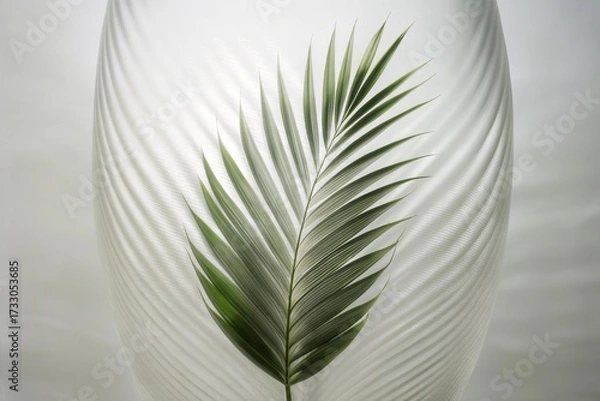 Fototapeta Green palm with reeded glass. Ribbed Background. Stylish blank canvas with realistic texture for premium illustration. Blurred luxury banner for summer presentation. Plant leaves. White Reeded Glass.