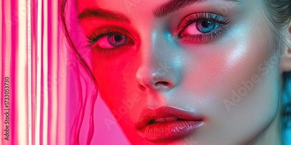 Fototapeta Abstract woman portrait with glass texture. Glitched and corrupted female face. Beautiful girl. Model hidden behind mirror pattern. Neon red and pink Reeded Glass. Ribbed Background.