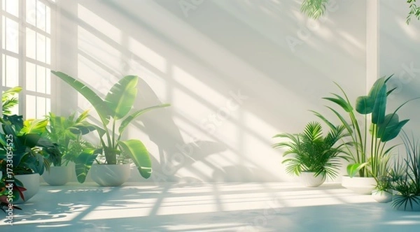 Obraz Minimalist Interior with Tropical Houseplants and Sunlight Shadows