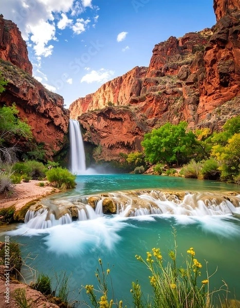 Obraz Stunning waterfall cascading into a vibrant pool nestled in a red rock canyon under a sunny sky