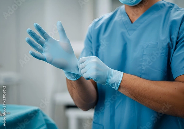Obraz Preparation for surgery: A surgeon putting on sterile gloves in a hospital environment demonstrates readiness and adherence to safety protocols for medical procedures