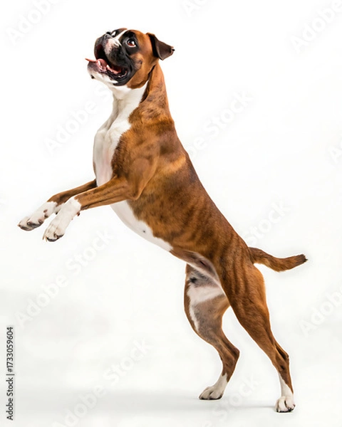 Fototapeta A brindle boxer dog standing on its hind legs with its mouth open and tongue sticking out on white backdrop