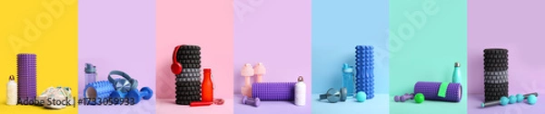 Fototapeta Set of sports equipment with foam rollers on color background