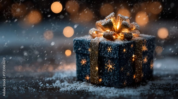 Fototapeta Magical Christmas gift box with glowing lights and snowfall, Festive winter present with sparkles and snowflakes, Holiday gift wrapped in glitter with warm glowing bokeh
