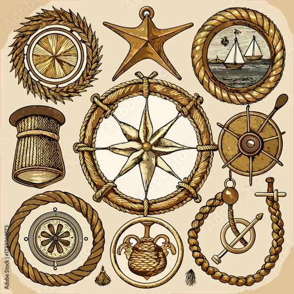 Obraz Intricately detailed badges and frames made from woven rope, rusted anchors, sailing ship wheels, and antique compasses. Include elements like splintered wood textures, nautical stars, and wave motifs