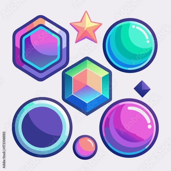 Obraz A collection of badges (in various simple shapes like circles, hexagons, and stars) that have the iridescent, rainbow shine of holographic foil or cellophane. The design is in the stunning color effec