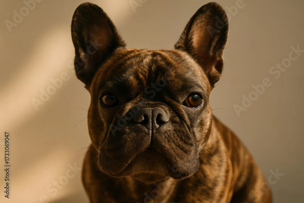 Fototapeta Brown french bulldog sitting indoors looking at camera with curious expression and upright ears against neutral background
