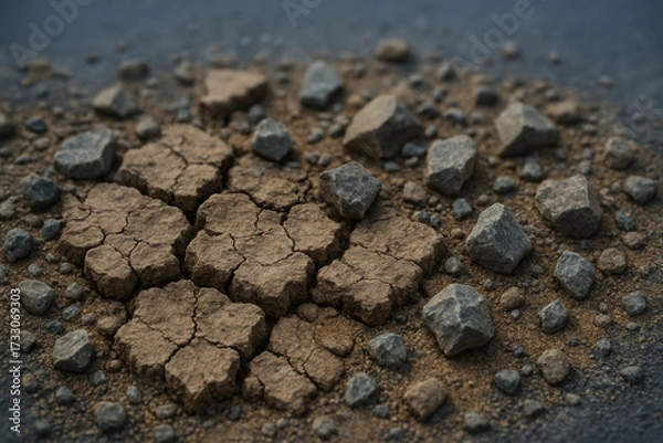 Fototapeta Cracked dry earth with scattered rocks depicting drought, dehydration, and environmental climate change challenges