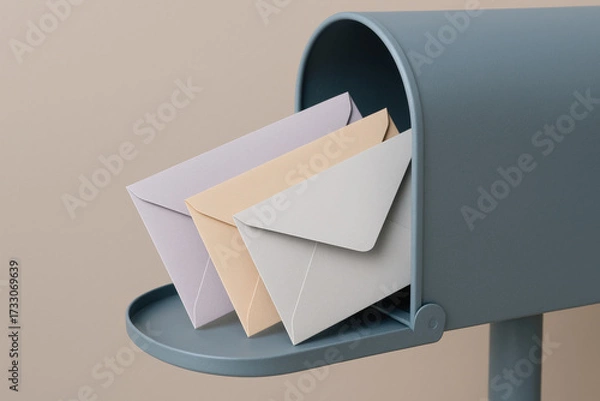 Fototapeta Modern blue mailbox with pastel envelopes, minimalist correspondence, communication and mail delivery concept on neutral background