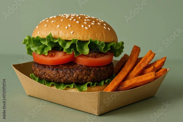 Fototapeta Fresh plant based burger with lettuce, tomato, and crispy sweet potato fries in eco friendly container on green background