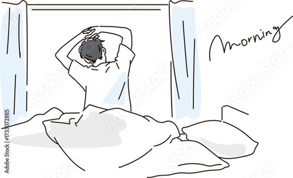 Obraz 寝起きの男性のシンプルなおしゃれ線画イラスト