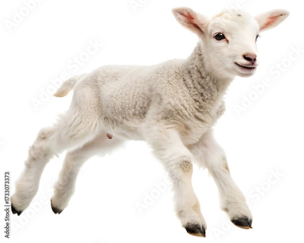Fototapeta A fluffy white lamb leaping forward with its legs extended against a plain white background studio shot