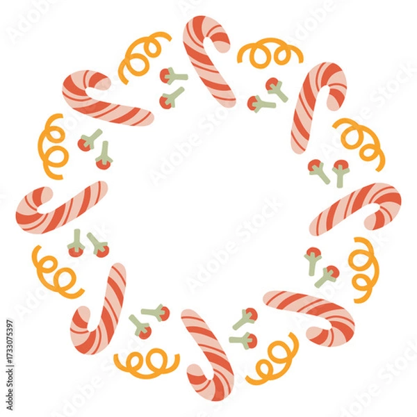 Fototapeta A festive round frame with candy canes and confetti. The simple vector design perfect for Christmas and New Year decorations or holiday greetings.