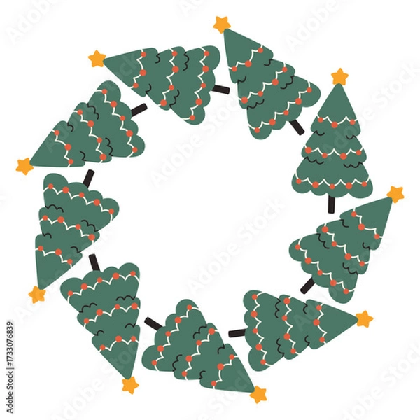 Fototapeta A festive round frame with Christmas trees. The simple vector design perfect for Christmas and New Year decorations or holiday greetings.