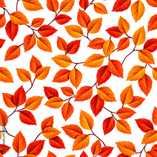 Fototapeta Autumn seamless pattern with red and orange fall leaves on a white background. Vector autumn seamless print