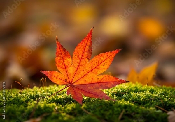 Fototapeta Autumn maple leaf on moss