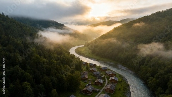 Obraz Mountain valley with river and cabins