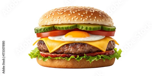 Fototapeta Gourmet Cheeseburger with Sunny Side Egg on Transparent Background
Delicious Layered Beef Burger with Cheese, Vegetables, and Egg