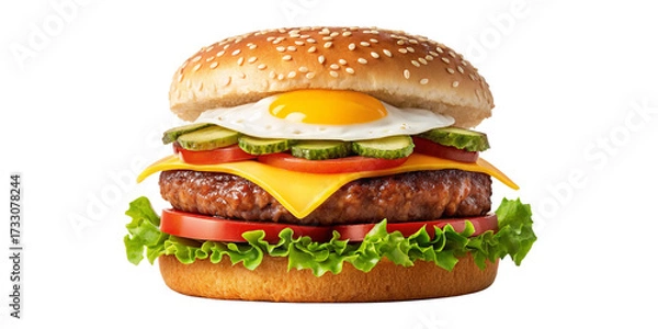 Fototapeta Gourmet Cheeseburger with Sunny Side Egg on Transparent Background
Delicious Layered Beef Burger with Cheese, Vegetables, and Egg