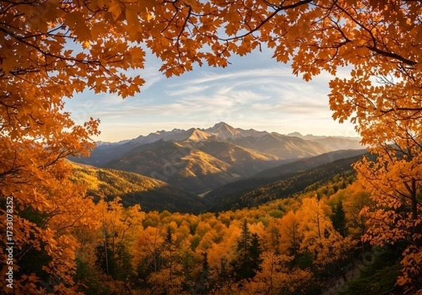 Fototapeta Autumn mountain valley framed by maple leaves