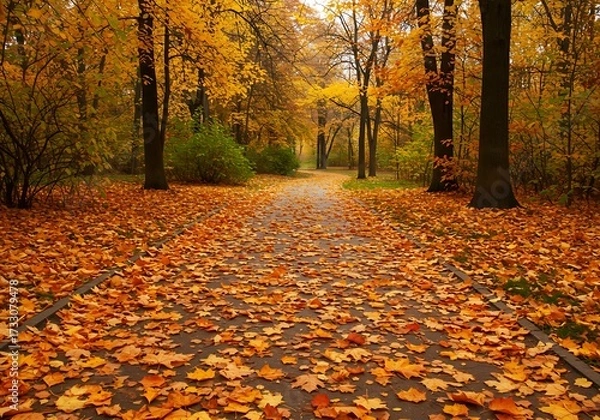 Fototapeta Autumn park path covered in fallen leaves