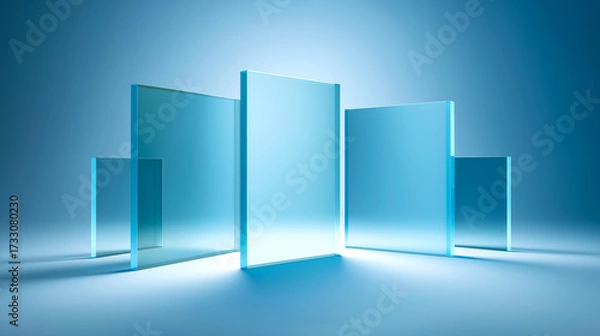 Fototapeta Modern glass panels in staggered formation on a reflective surface, illuminated by soft blue light. Minimalist architecture is ideal for design, tech, and commercial use.