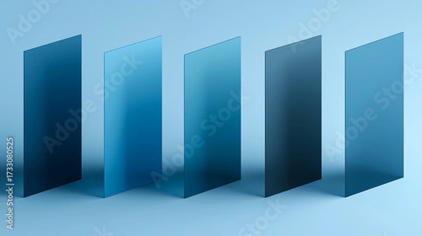 Fototapeta Minimalist glass panels in gradient blue tones, standing vertically with soft shadows. Ideal for design, architecture, or branding visuals with a clean, modern aesthetic.