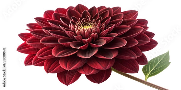 Fototapeta A highly detailed close-up of a deep red dahlia flower in full bloom, with perfect symmetrical petals radiating outwards, velvety texture, intricate natural patterns, and a soft gradient of light high