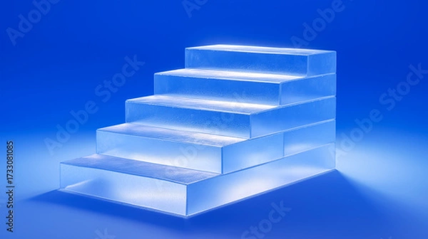 Fototapeta Modern glass staircase with translucent steps against a deep blue background, featuring reflective surfaces and minimalist lighting—ideal for architectural, design, or concept visuals.
