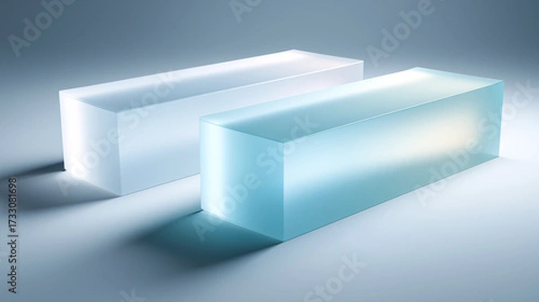 Fototapeta Minimalist translucent prisms on a smooth surface with soft lighting and frosted texture, ideal for design, tech, or product concept visuals with modern glow and shadow effects.
