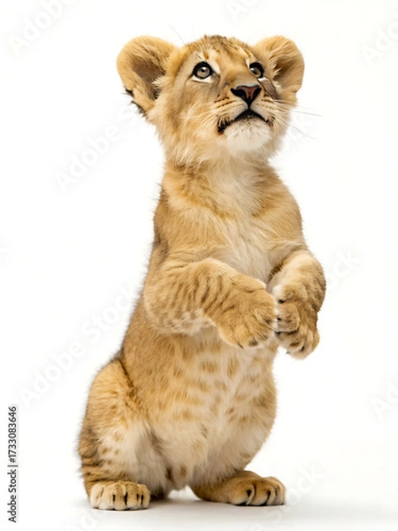 Fototapeta A lion cub standing on its hind legs looking up against a plain white studio background looking curious