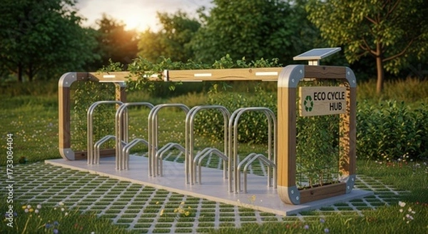 Fototapeta Eco cycle hub with bike racks in a park on a sunny day