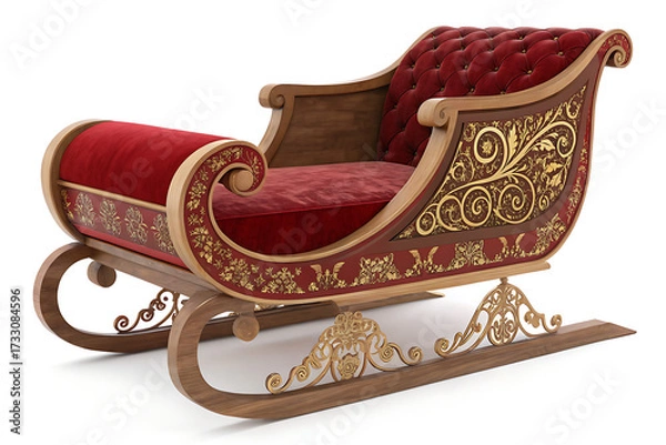 Fototapeta A luxurious red and gold sleigh with intricate designs on a white background for christmas holiday