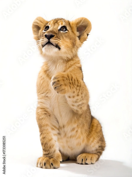 Fototapeta A light brown lion cub sitting upright on a white background with its paw raised in the air looking up