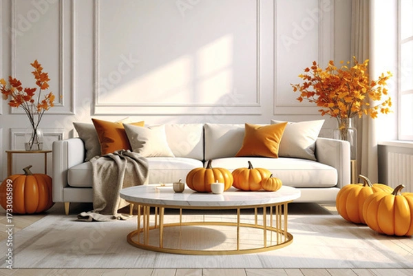 Fototapeta Modern autumn living room with sofa, pumpkins, and seasonal golden leaves in glass vases, creating a cozy elegant style