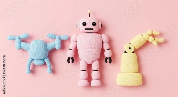 Fototapeta Pastel robot drone and arm on pink background flat lay view