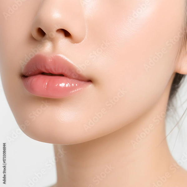 Obraz ビューティー 女性モデル リップフォーカス 口元とあごラインのクローズアップ 白背景 ナチュラルピンクのグロスとツヤ肌