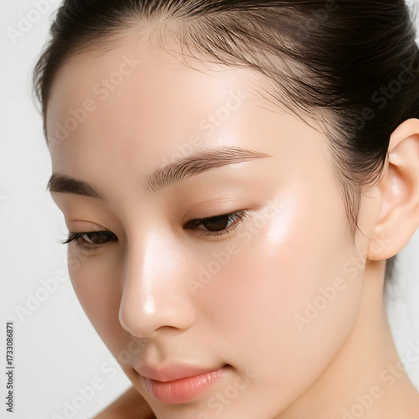 Obraz ビューティー 女性モデル ベイビーヘアとヘアラインのディテール 額の近接クローズアップ 白背景 ハイキーで清潔感のある写真
