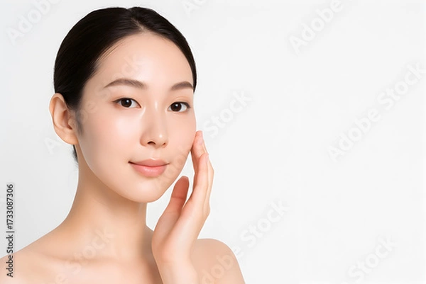 Fototapeta ビューティー 女性モデル 横長フレーミング 右側に大きなコピースペース 白背景 ハイキーで透明感のあるクローズアップポートレート