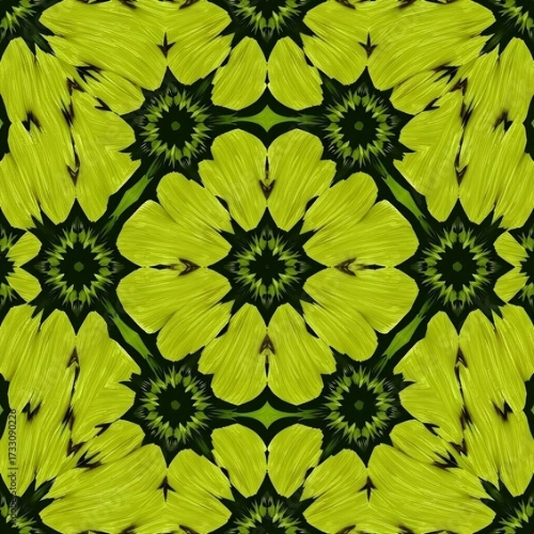 Obraz Symmetrical abstract pattern with bright yellow flower petals and green accents on a dark background